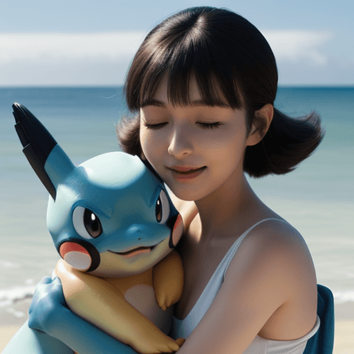 AI generated: May from Pokémon looking at the camera simling with closed eyes, beach background, Swampert simling ...