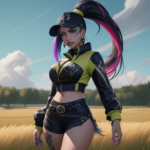 AI generated: sky, field, grass, (((kda all out akali))), akali, k/da \(league of legends\), cowboy shot, high det...