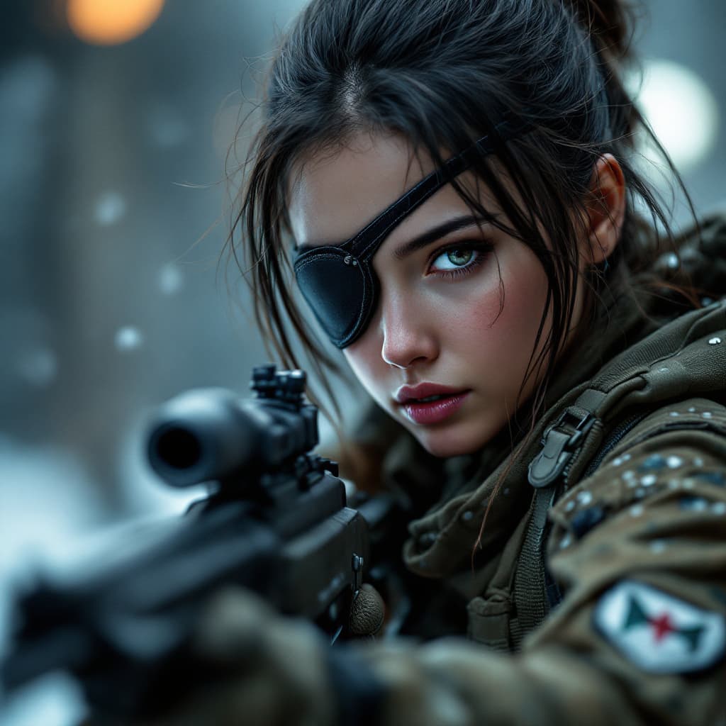 AI generated: a pretty young female soldier , Single eye patch, gripping the rifle tightly, with a photorealistic ...