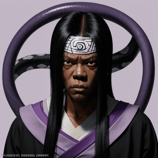 AI generated: Orochimaru from naruto with the face of samuel l jackson. purple background