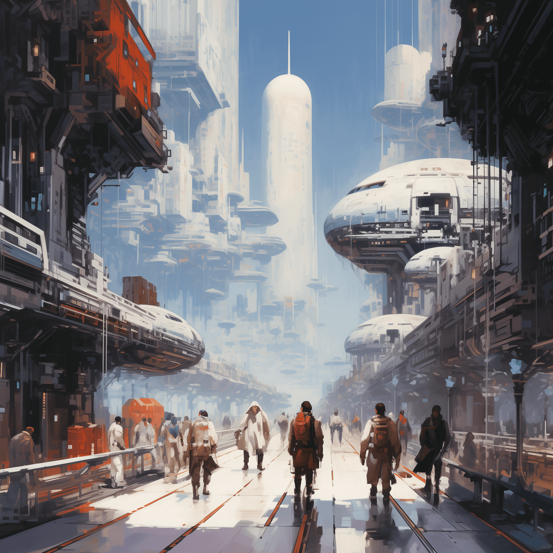 AI generated: Futuristic cityscape, people walking on bridges between buildings, sci-fi style, in the style of Joh...