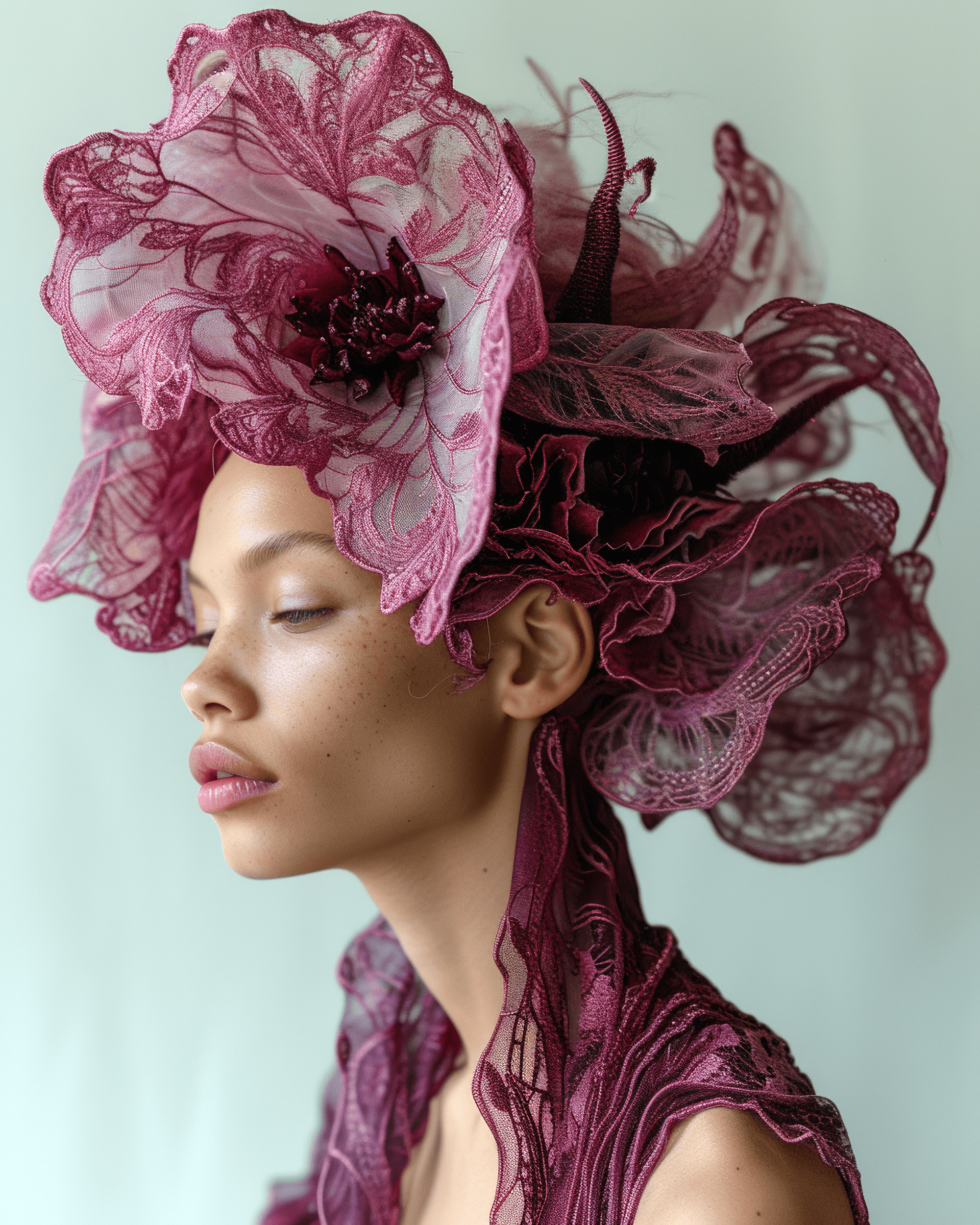 AI generated: a woman wearing pink metal lace with purple dye on her hair, in the style of dark white and dark red...
