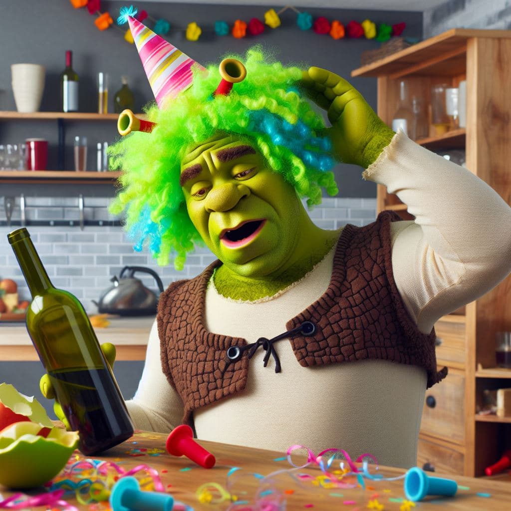 AI generated: Shrek in party wig, shaking his head in his house and wine bottle overturned