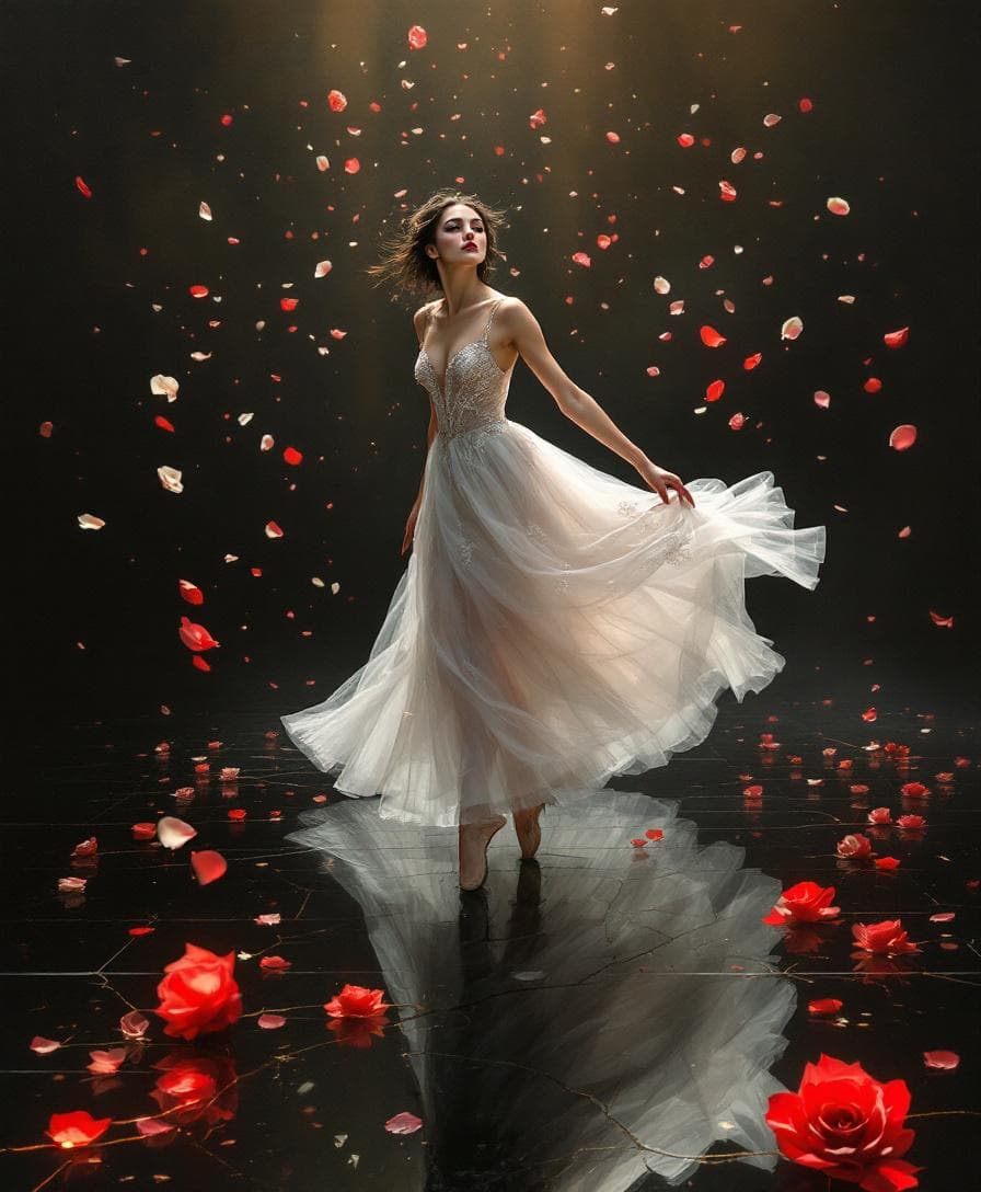AI generated: A ballerina stands in delicate pose, wearing a white tulle dress with subtle embroidery, surrounded ...