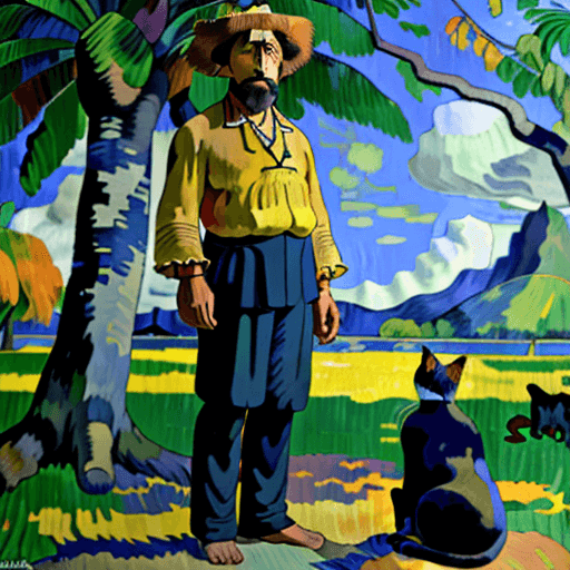AI generated: Gauguin style full height side view portrait of both old Paul Gauguin standing near a tree and looki...