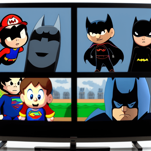 AI generated: Create a graphic with faceless children watching a TV with animation characters such as batman, supe...