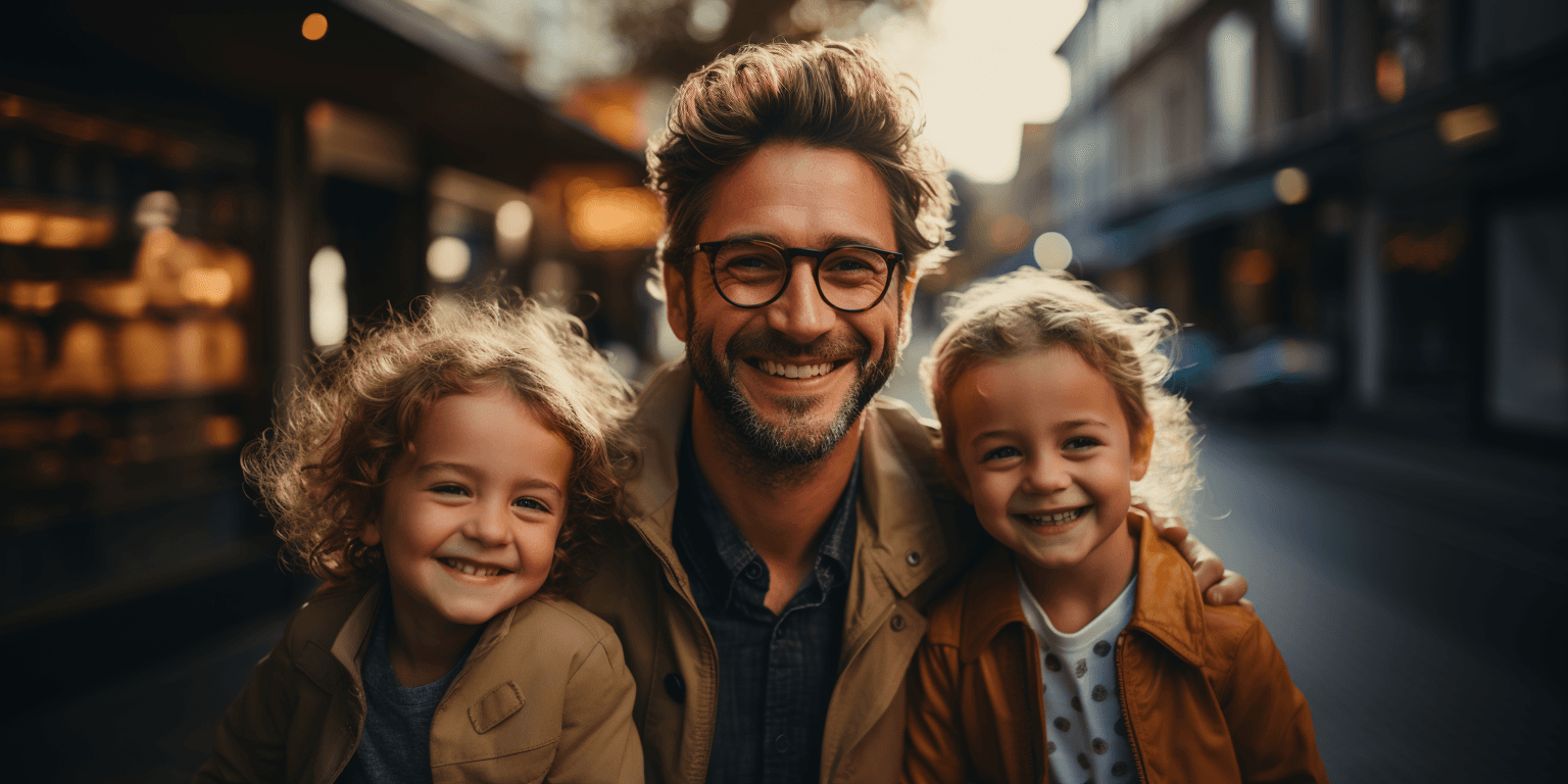 AI generated: A happy father with his two kids. The image is light and bright and is well lit. This image needs to...