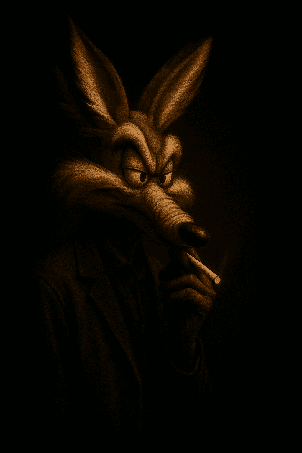 AI generated: "Artistic portrait photography of Willy Coyote with cigarette using long exposure effect, creating m...