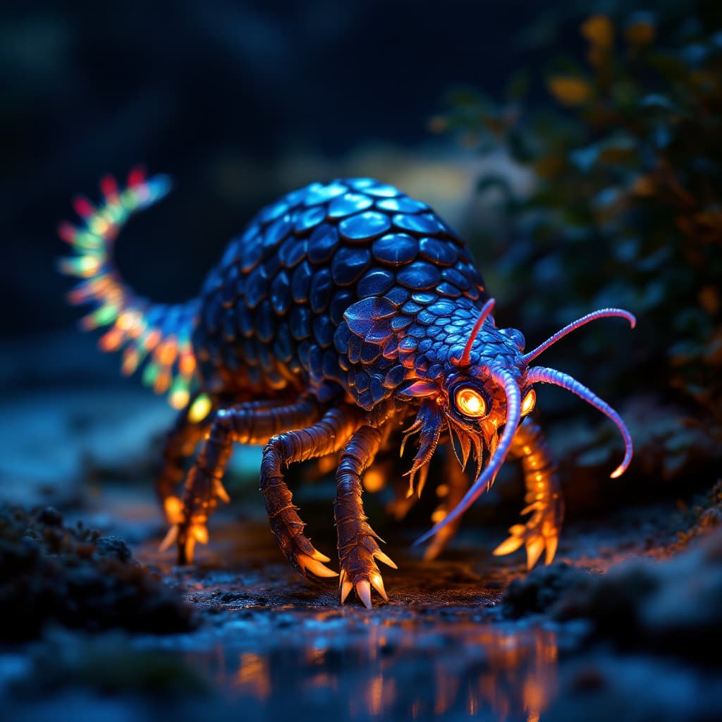 AI generated: A fascinating hybrid of a Pangolin and a Mantis Shrimp, set against the atmospheric, dimly lit Indon...