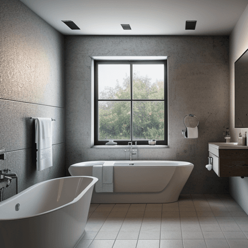 AI generated: 4k,ultra realistic,cannon camera,bathroom,industrial style,modern,wallnut,tub,wc,bidet,spot lights,l...