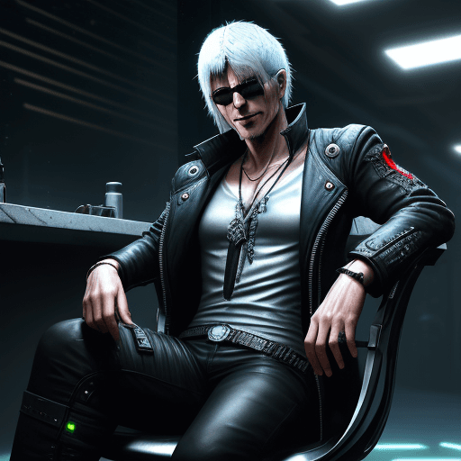 AI generated: Kapiszon, Cyberpunk, Middle aged, Man, neck length Silver hair, Devious smile, Sitting on a plastic ...