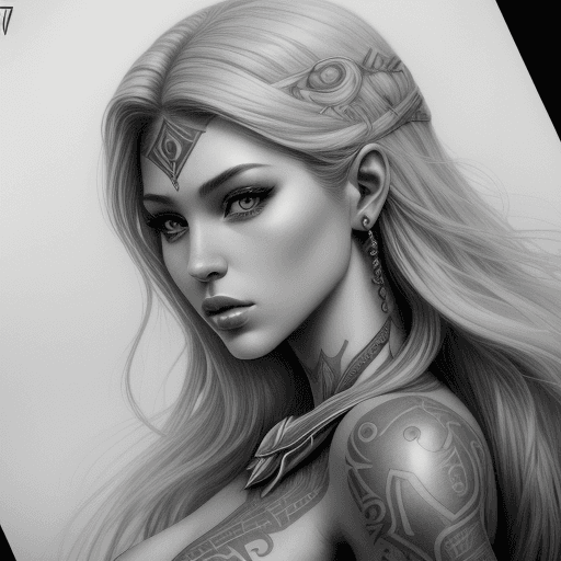 AI generated: female, fantasy, beauty, in the style of WHITE comic art, realistic hyper-detailed portraits, tattoo...
