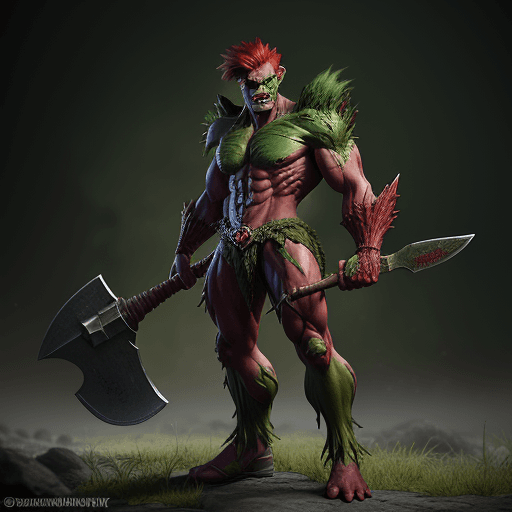 AI generated: fantasy green goblin,with red hair crest,very muscular,with an axe, photorealistic ,full body image,...