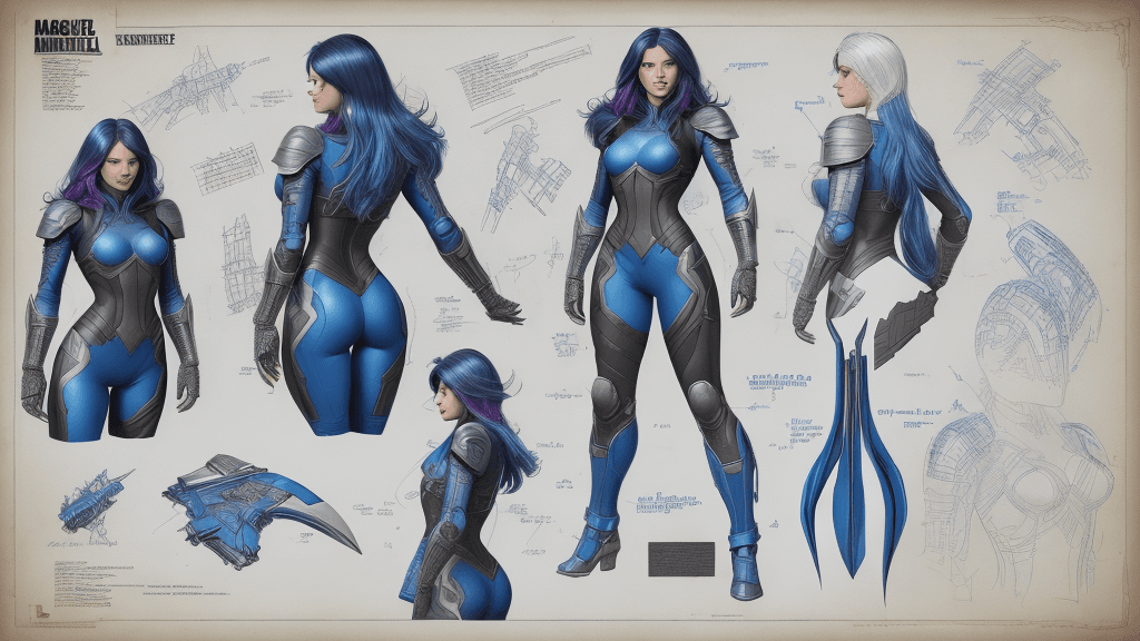 AI generated: Detailed blueprints with detailed visible notes, multicoloured digital Marvel Entertainment blueprin...