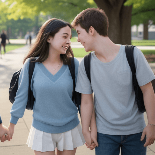 AI generated: A young couple holding hands and smiling at each other in a college campus