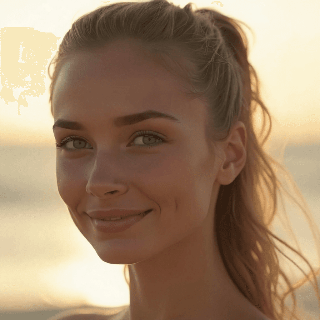 AI generated: A young woman with dark blond hair is up in two white, blonde buns. stands confidently on a seaside ...