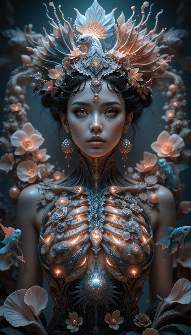 AI generated: A goddess with an otherworldly, close-up portrait, adorned with an intricately designed, glowing rib...