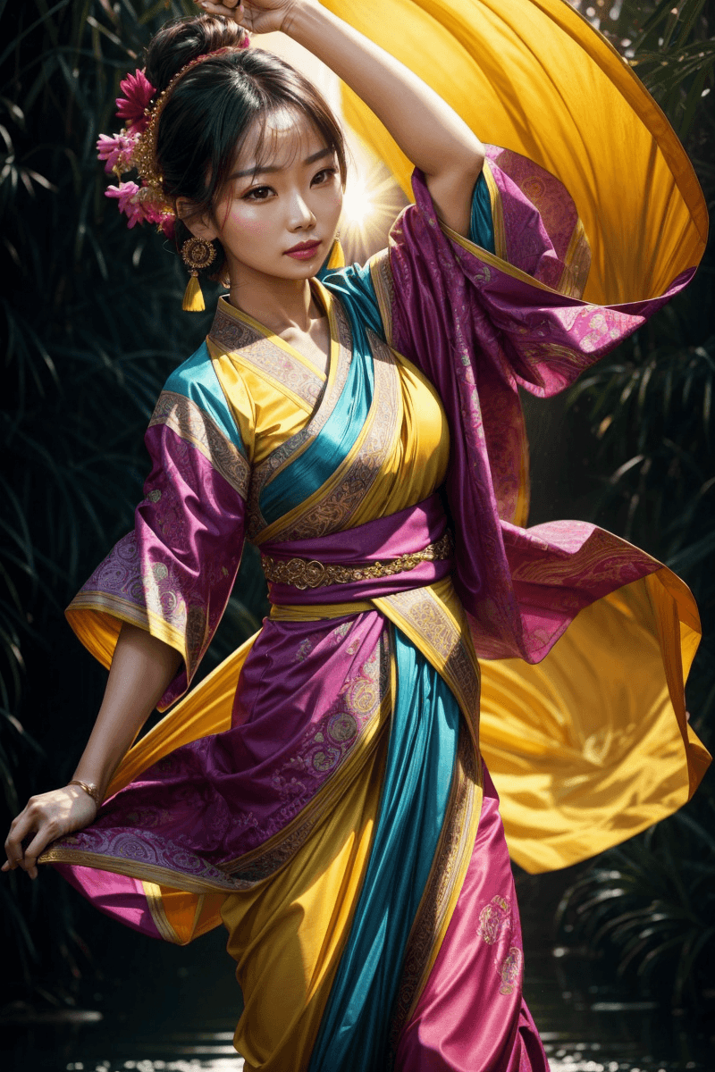 AI generated: Medium close-up,photograph of, an Asian woman, backlighting, flowing fabric, dancing, masterpiece, U...