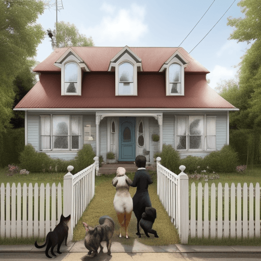 AI generated: House with person in front with a dog and a cat next to them. The house has a big sign that says "FO...