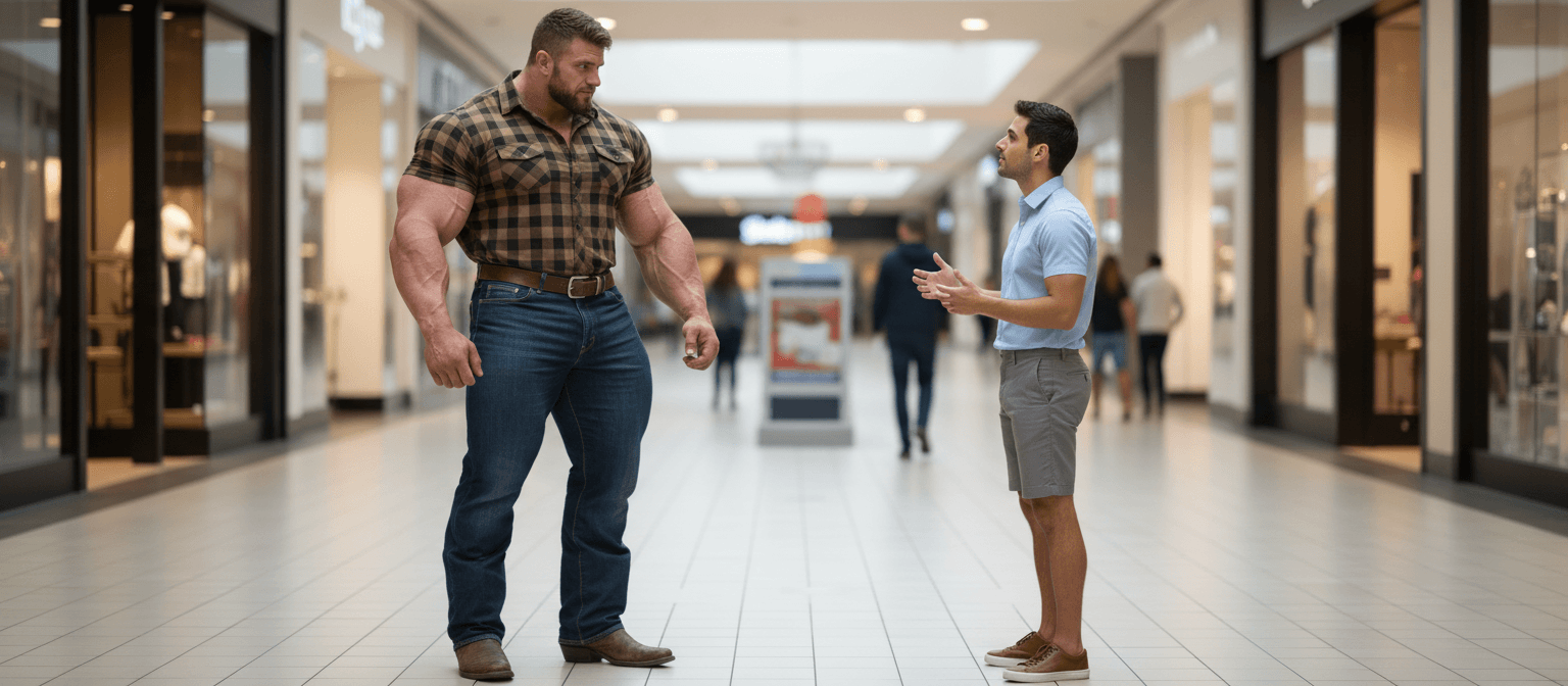 AI generated: the bodybuilder is 6'4" tall, he has huge muscular shoulders and extra huge muscular legs. He is wea...