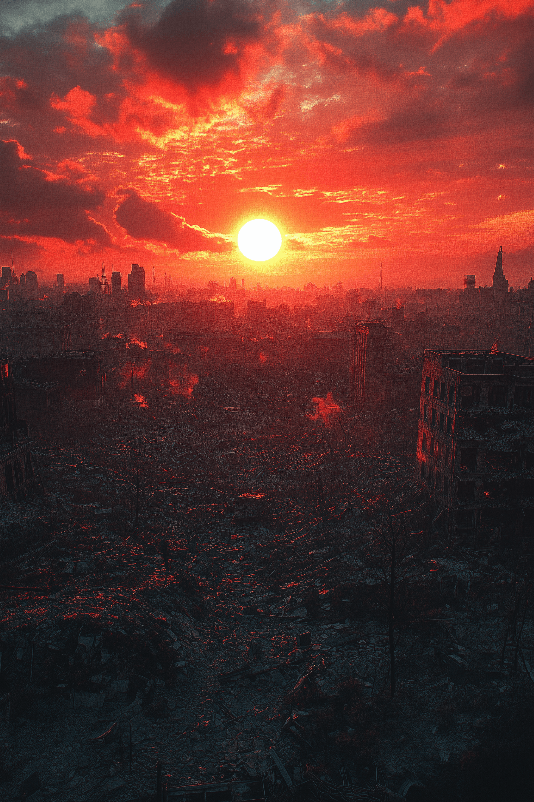 AI generated: A desolate landscape with the ruins of destroyed buildings, under an ominous red sky. The sun is low...