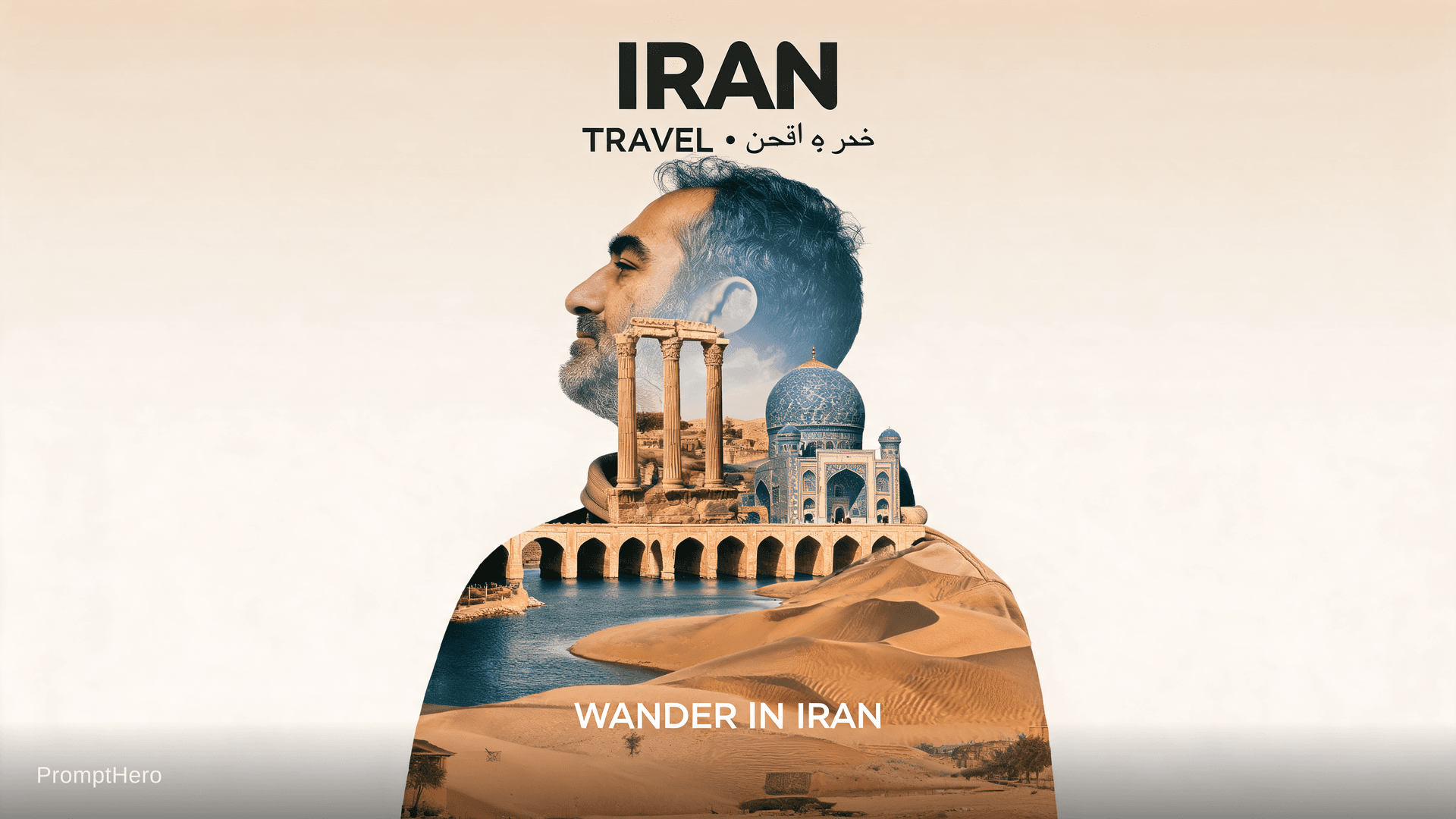 AI generated: Create a minimalist double exposure travel poster for me. The main subject is a stylish Iran depicte...