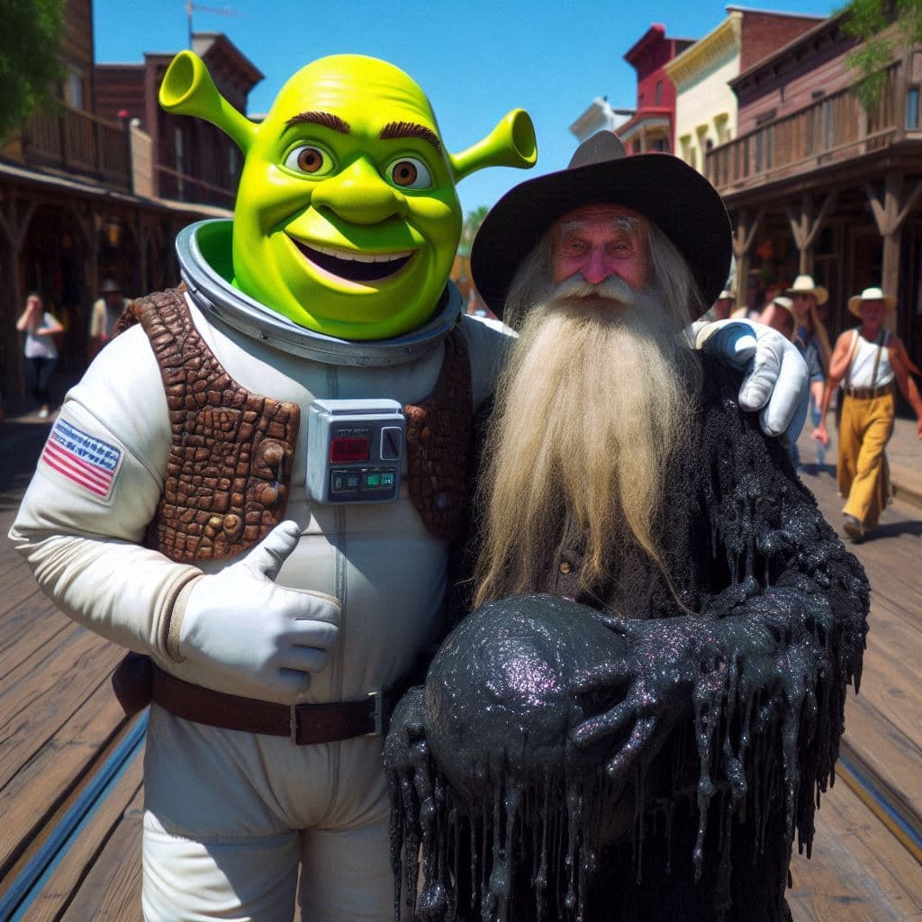 AI generated: Shrek es un soldado interdimensional con traje de buzo astronauta, está orgulloso posando abrazado p...