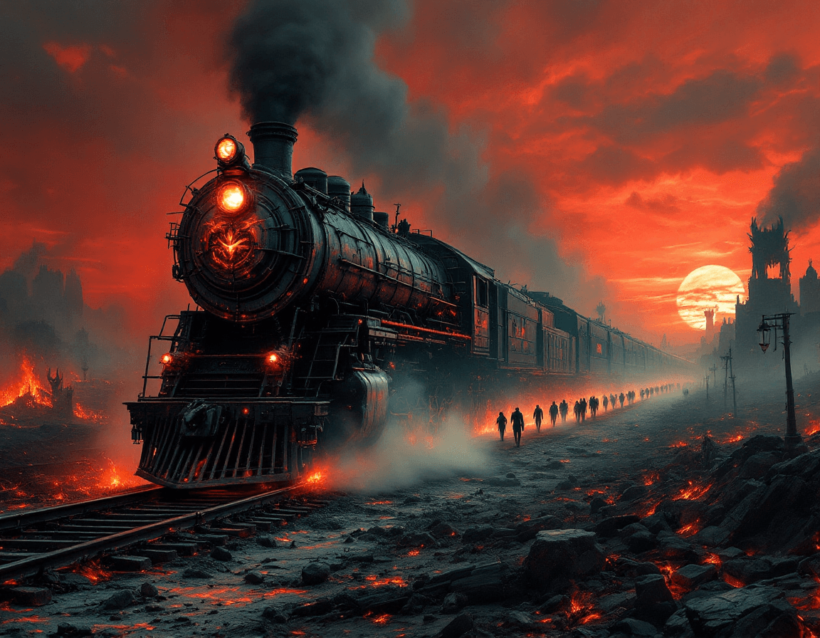AI generated: A rusted, infernal locomotive thunders across a scorched, apocalyptic wasteland beneath a blood-red ...