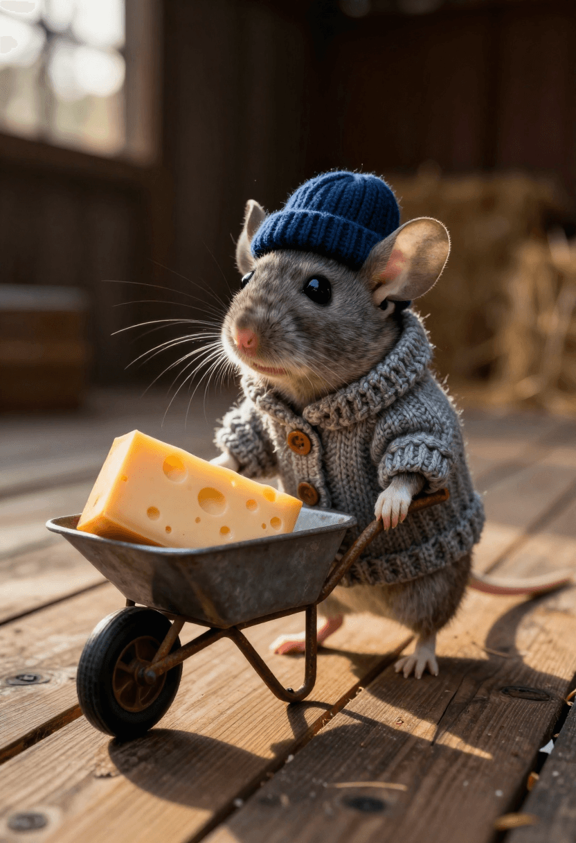 AI generated: A tiny mouse stands upright on a weathered wooden floor, its body poised as it pushes a miniature wh...