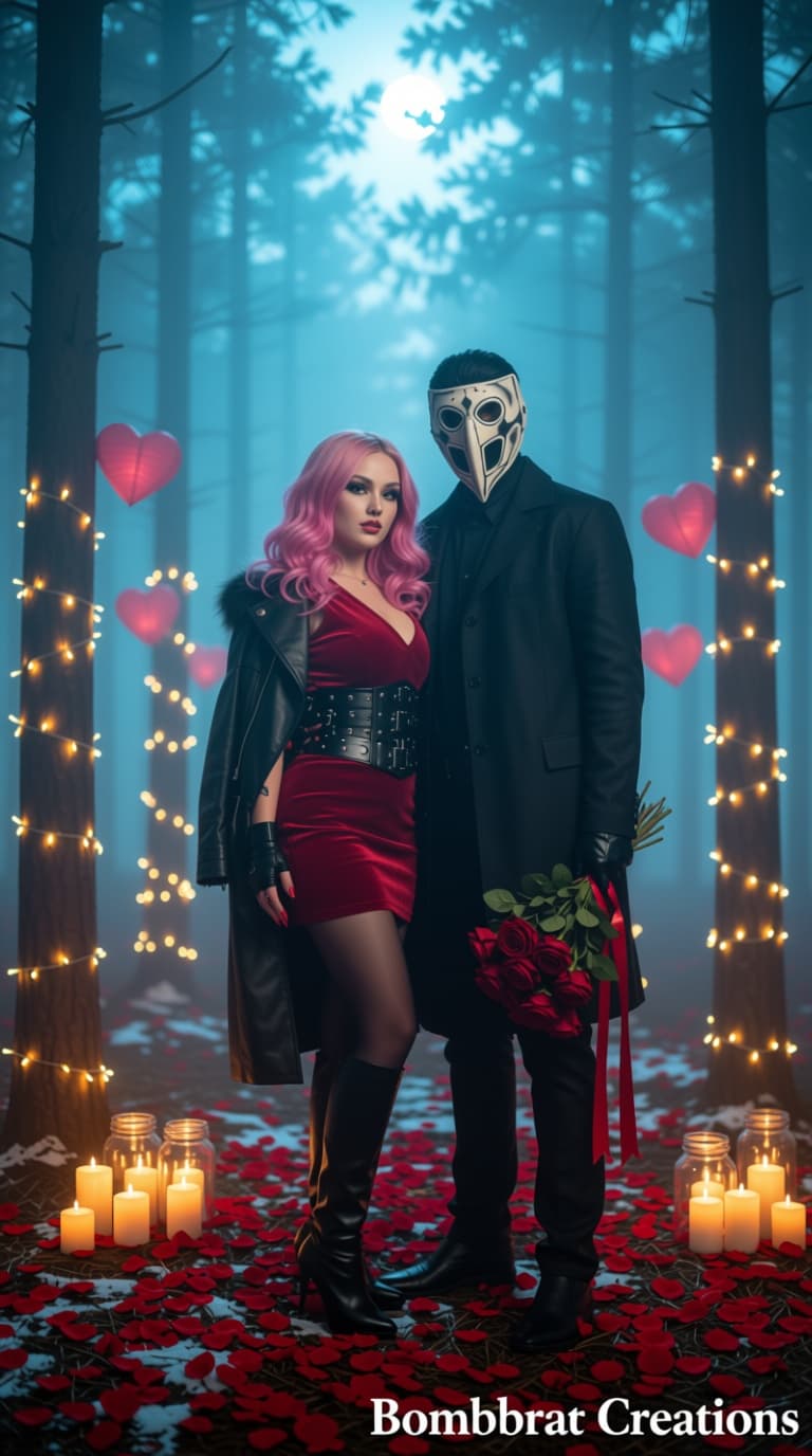 AI generated: Without changing facial features Create a photoreal cinematic outdoor romance scene. Keep my face id...