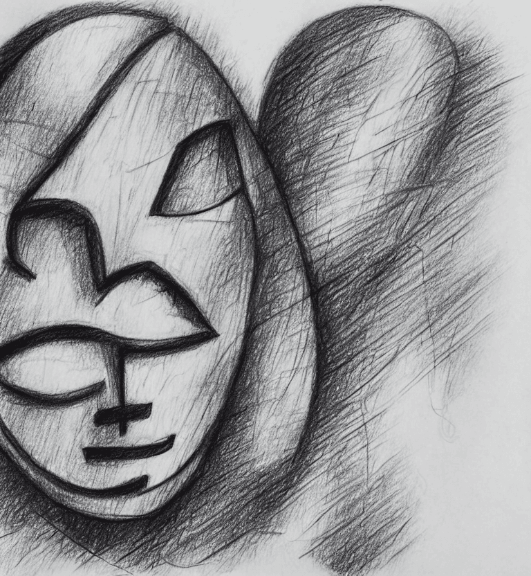 AI generated: People with traditional masks, pencil drawing, trembling design, many cancellations, overhanging, dr...