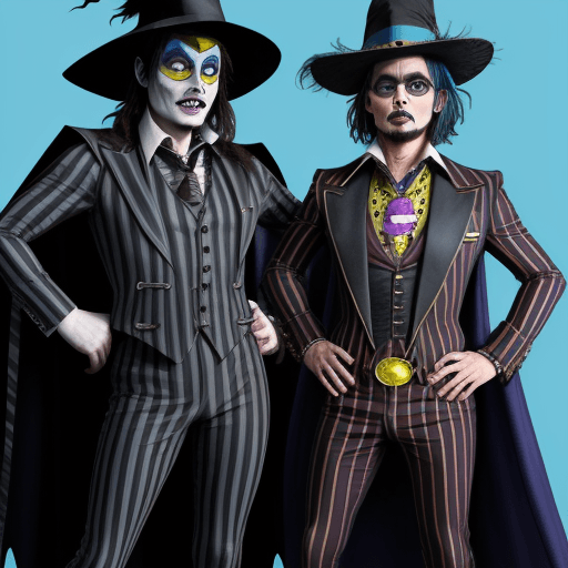 AI generated: Beetlejuice in a batman costume versus a johnny depp as a hippie superman type character