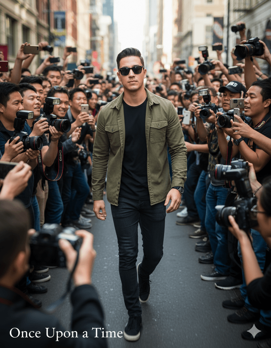AI generated: "A stylish young man wearing sunglasses and a casual jacket walking confidently through a huge crowd...