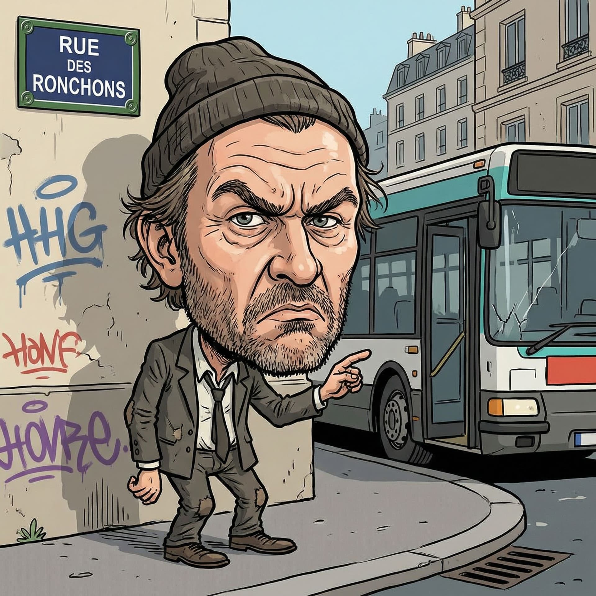 AI generated: funny caricature, grumpy urban ABDELMAJID TEBOUNE, scruffy, streetwise, annoyed,  with an oversized ...