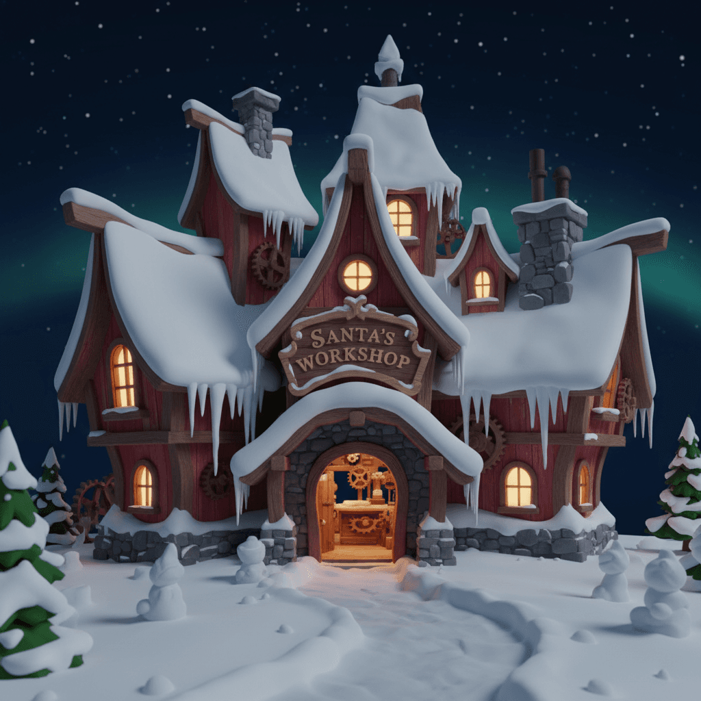 AI generated: "A 3D model of Santa’s workshop exterior, covered in snow with icicles and warm window light"