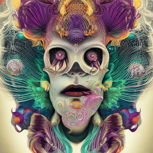 AI generated: Goddess close-up portrait ribcagel. jellyfish phoenix head, nautilus, orchid, skull, betta fish, bio...
