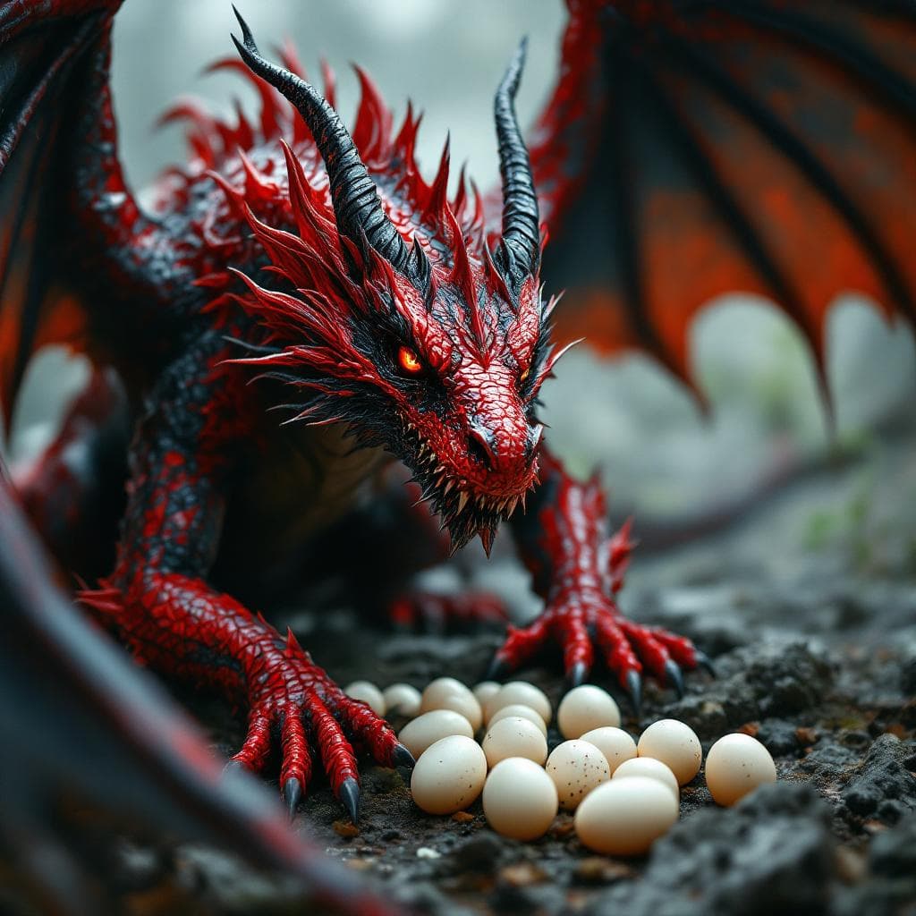 AI generated: A Gothic dragon (Red with Black Wings) mother protecting her eggs, her fierce gaze and protective st...