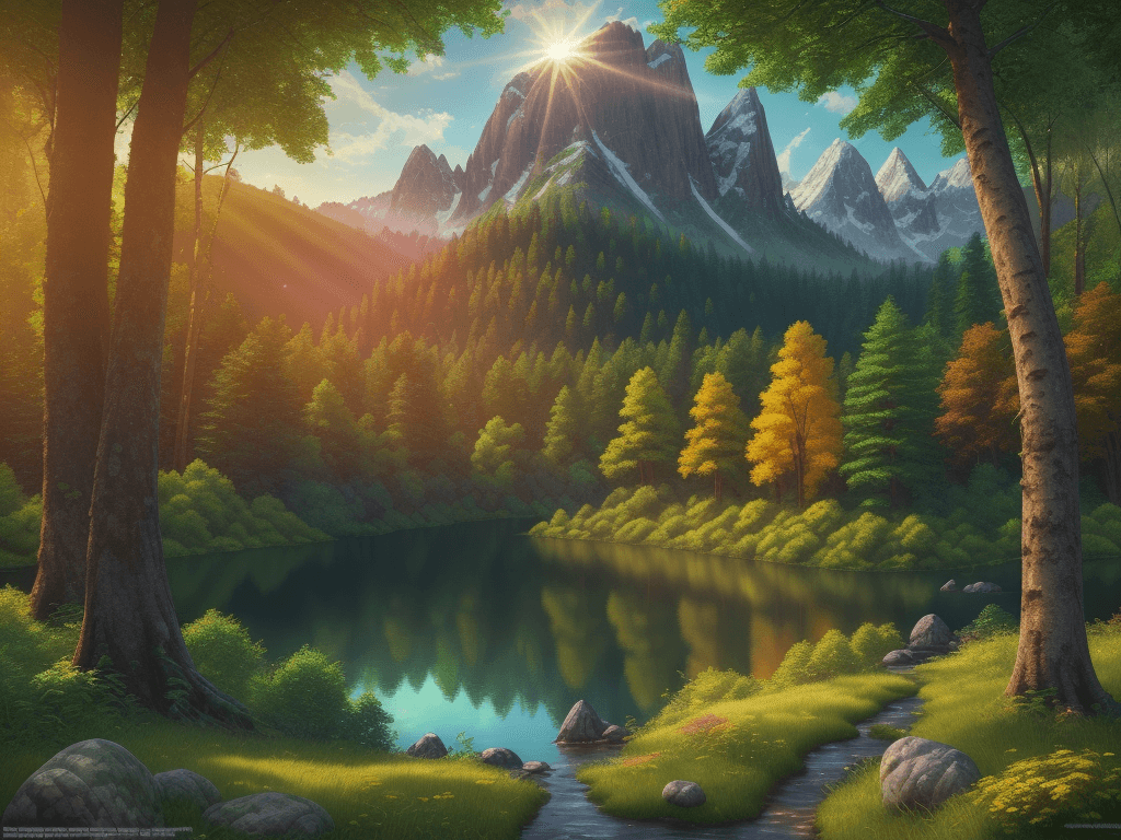 AI generated: sun shinig on a forest, hill, lake, masterpiece, best quality, high quality, lush, vibrant colors, e...