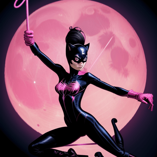 AI generated: michelle pfeiffer as the spider cat-woman female superhero with a pink lazer whip,jumping in front o...