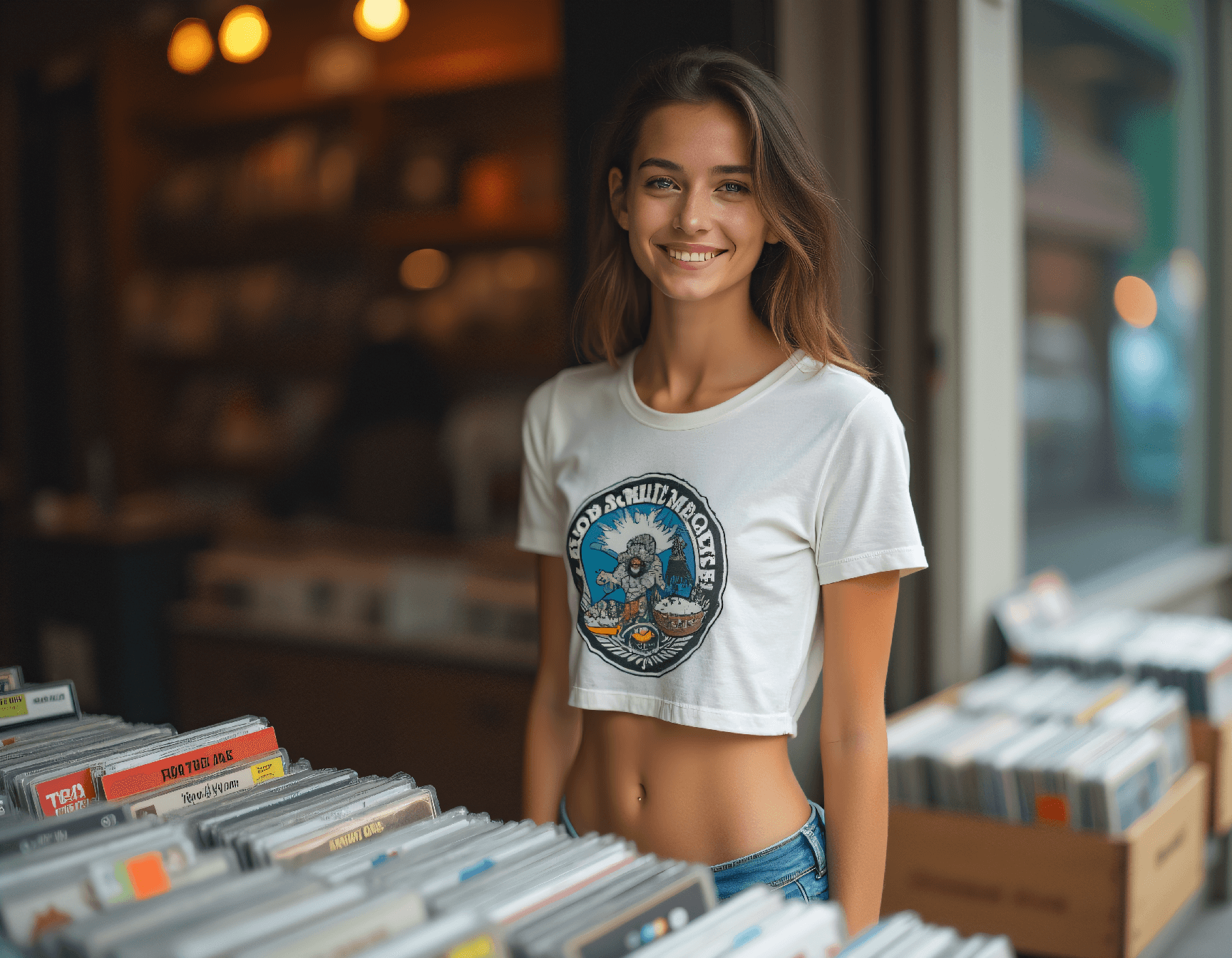 AI generated: Fit woman with visible six-pack browsing vinyl at an outdoor record store, wearing a retro graphic c...
