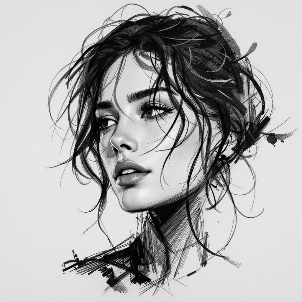 AI generated: Black and white sketch of a Spanish woman --chaos 75 --ar 1:2 --style raw --profile rsy6uq9 --styliz...