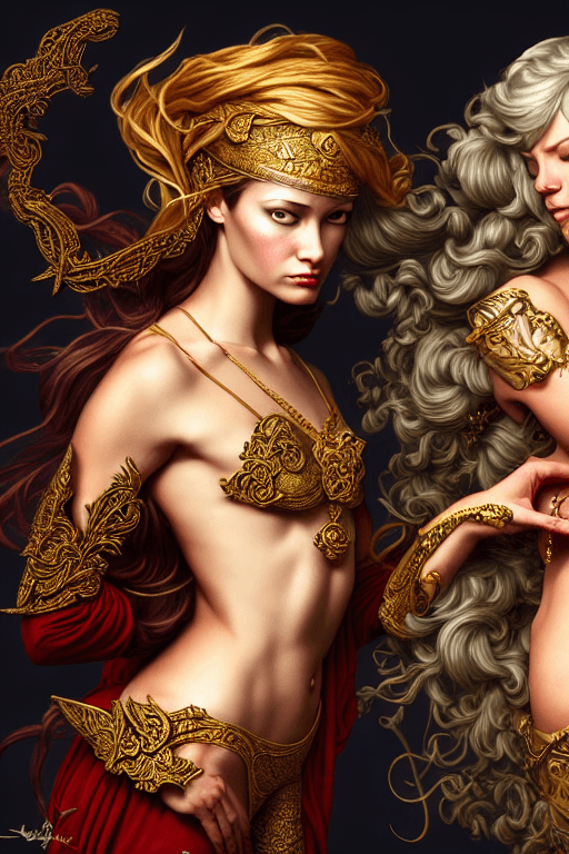 AI generated: two woman
 fantasy, fantasy magic,  , intricate, sharp focus, illustration, highly detailed, digital...