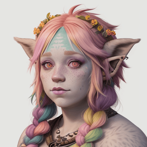 AI generated: Firbolg, female, pastel colors, druid, hyper realism, high Detail, freckles, dungeons and dragons, c...