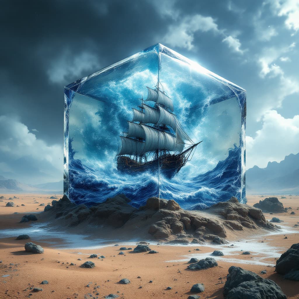AI generated: snow globe shaped like a cube , on the desert floor, there is a monstrous storm inside with a galleo...