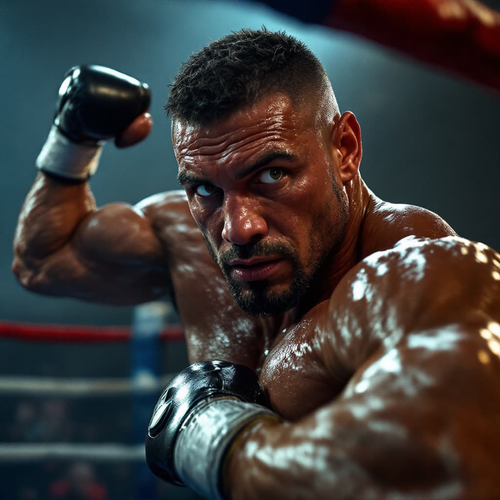AI generated: In the photo, the muscular boxer looks at the camera and flexes his chiseled biceps in the ring, swe...