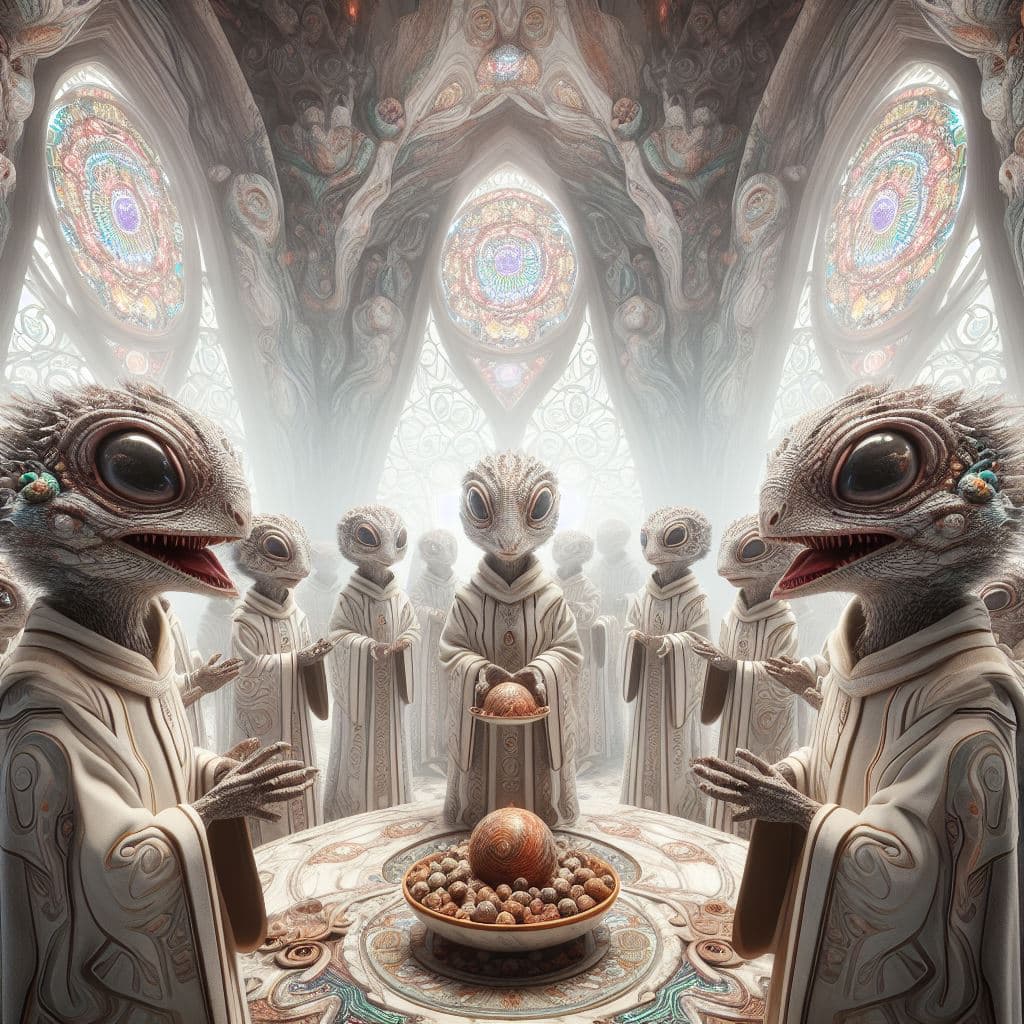 AI generated: A group of alien [ lizard hybrid squirrel ] priests (detailed faces) of an extraterrestrial cult per...
