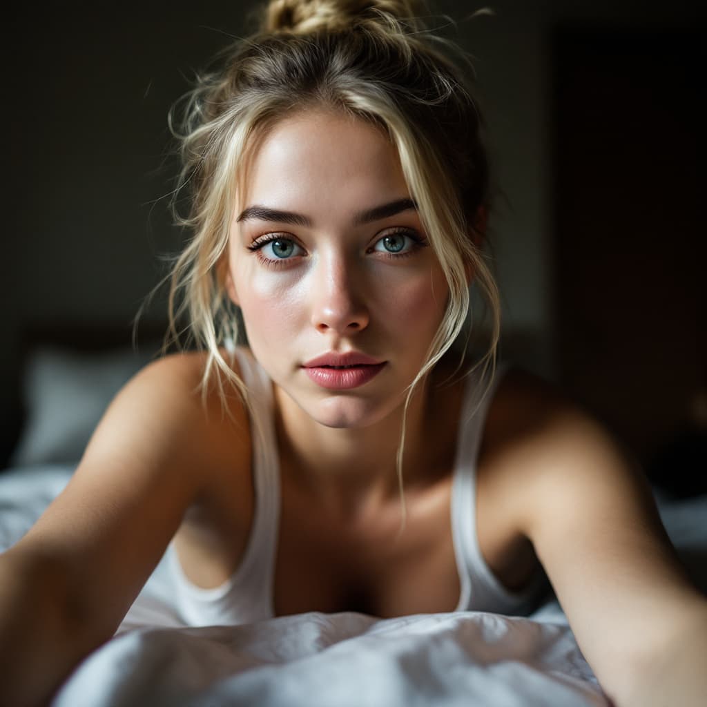 AI generated: Photo of iphone camera captured a selfie of person, poor quality, faded loght room, young women, blo...