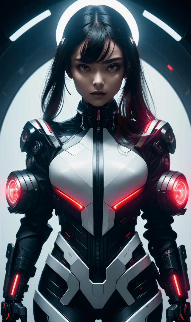 AI generated:  Futuristic cyborg girl featuring a captivating cybernetic helmet adorned with vibrant triangular re...