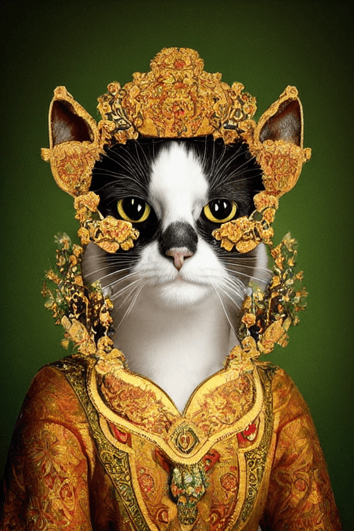 AI generated: a beautiful empress cat portrait, with a brilliant, with a striking headpiece, symmetrical, dramatic...