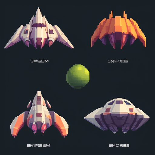 AI generated: game sprite sheet spaceships, with directions collection sheet, retro, low poly art, 2d game sprite,...